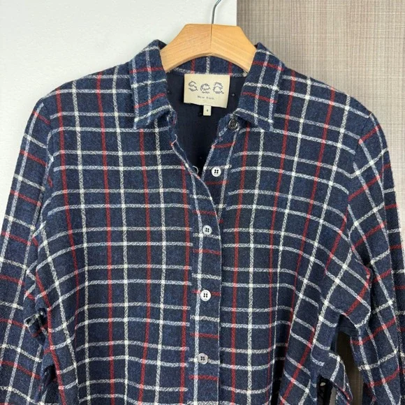 Sea New York‎ Navy Wool Plaid Peekaboo Shirt with Eyelet Back - Picture 4 of 13